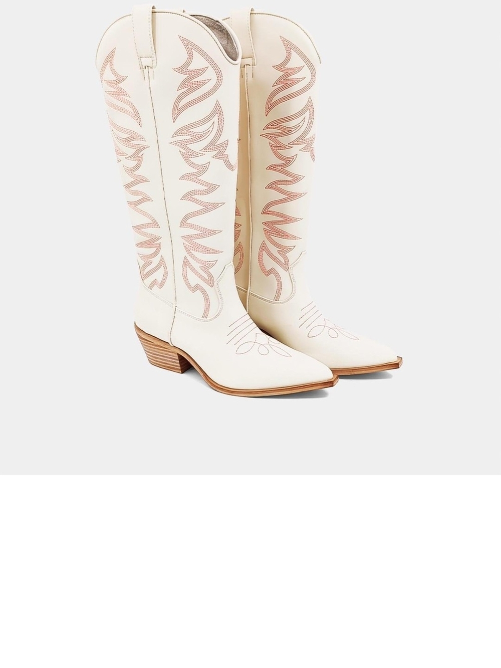 ShuShop White Western Knee-High Heeled Boots with Pink Stitching